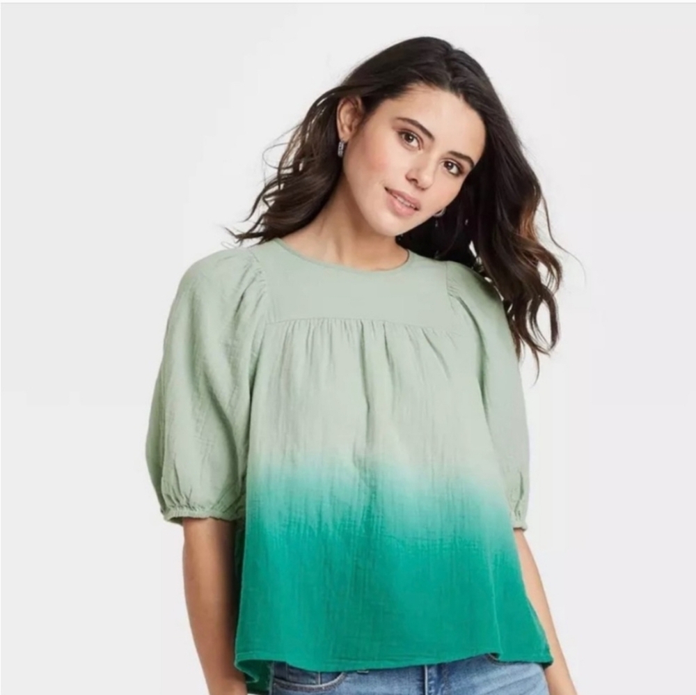 Universal Thread L Dip-Dye Short Puff Sleeve Gauze Blouse GREEN 0191-i